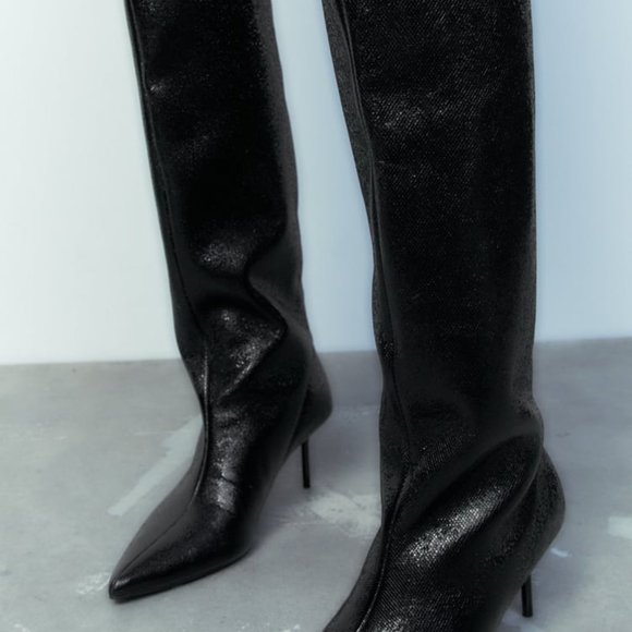 ZARA SHINY KNEE HIGH HEELED BOOTS - Picture 1 of 10